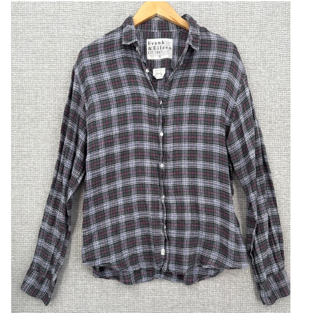 Frank & Eileen Paul Plaid Linen Blend Button Down Shirt Long Sleeve Top Large